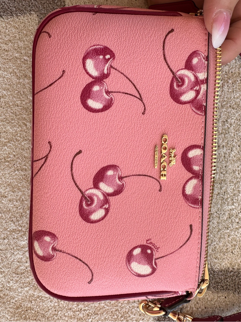 Coach Pink Cherry Print Leather Crossbody Wallet with Gold Hardware - Picture 4 of 10